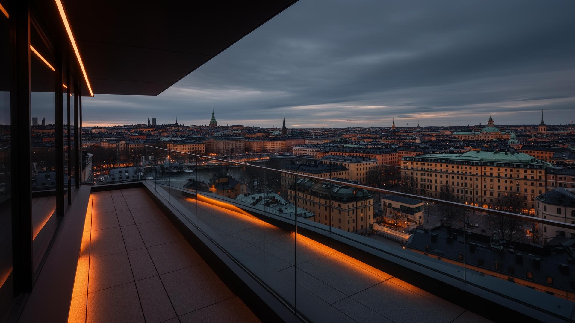Glasräcke med utsikt över Stockholm